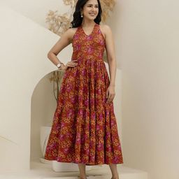 Nayo Women Floral Printed Cotton Fit & Flare Maxi Dress-image-4