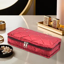 Kuber Industries Maroon & Gold Toned Satin Jewellery Organiser Kit With 6 Pouches-10