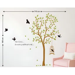 LANSTICK Brown & Green Tree With Birds One Cage Self Adhesive Wall Sticker-image-91