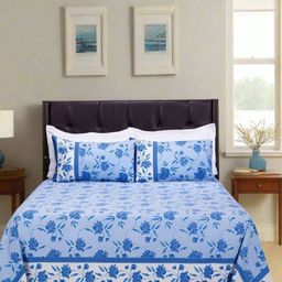 SHAHENAZ Blue & White Floral Cotton 120 TC King Bedsheet with 2 Pillow Covers-image-27