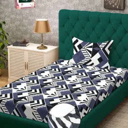 Myntra Elegant Homes White & Black Geometric 300 TC Single Bedsheet with 1 Pillow Covers-image-23