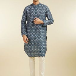 Diwas by Manyavar Geometric Printed Mandarin Collar Straight Kurta with Pyjama-image-16