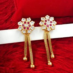 Anujeet Fashion Hub Gold-Plated Floral Shaped American Diamond Drop Earrings-image-54