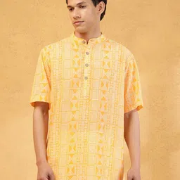 Fabindia Men Geometric Printed Thread Work Kurta-picture-4
