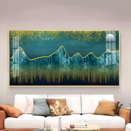 THE NEXT DECOR White & Blue Dark Turquoise Mountains Glass Finish Horizontal Wall Art-image-70