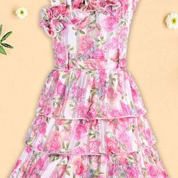 Wish Karo Girls Floral Print One Shoulder Cold-Shoulder Chiffon Fit & Flare Dress-image-92