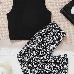 TIOR Girls Black 2 Piece Set with Solid Top Round Neck Sleeveless and Printed Palazzos-image-19
