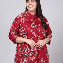 Indietoga Floral Print Mandarin Collar Crepe Shirt Style Top-image-92
