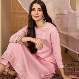 Sangria Women Embroidered Cotton Regular Kurta with Trousers & With Dupatta-picture-16