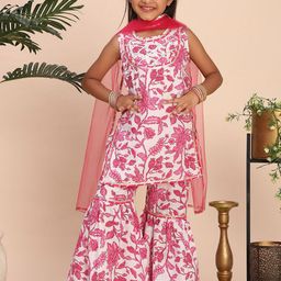 Cutiekins Girls Floral Printed Gotta Patti Straight Kurta With Sharara & Dupatta-picture-41