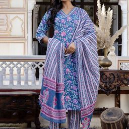 Kohsh Women Ethnic Motifs Printed Regular Pure Cotton Kurta with Trousers & With Dupatta-picture-55