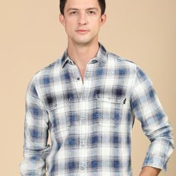 POE Men Slim Fit Spread Collar Checked Cotton Casual Shirt-image-82