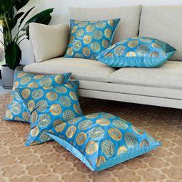 Aura Turquoise Blue & Gold-Toned Set of 5 Floral Square Cushion Covers-image-17