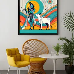 999Store Blue & Yellow Modern Depiction of Krishna and His Sacred Cow Canvas Wall Art-10