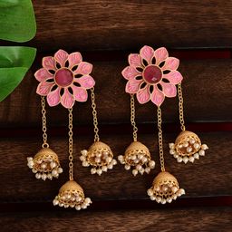 Tanusha Jewels Gold-Plated Pearls Beaded Artificial Stones Studded Dome Jhumkas-11