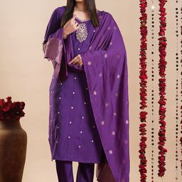 GoSriKi Floral Embroidered V-Neck Straight Kurta with Trousers & Dupatta-image-44