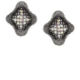 FirstBlush Silver-Plated Cubic Zirconia Stones Studded Oxidised Contemporary Clip On Studs-6