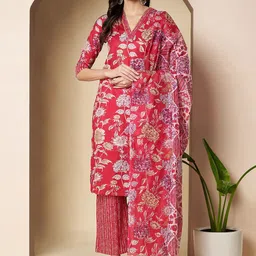 Poshak Hub Women Floral Printed Regular Pure Cotton Kurta with Palazzos & With Dupatta-picture-22