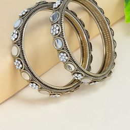 PRIVIU Set Of 2 Gold Plated Stones Studded Bangles-image-6