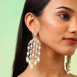 Priyaasi Gold-Plated Kundan Stone Studded & Beaded Teardrop Shaped Tasselled Drop Earrings-46