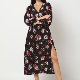 GAP Floral Print Smocked Detail V-Neck Cuffed Sleeves Midi A-Line Dress with Side Slit-22