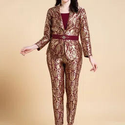 Krimmple Woven Design Shawl Neck Top & Trousers With Jacket Co-Ords-picture-41