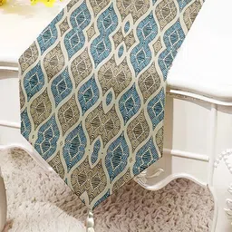 STITCHNEST Blue & Beige Printed Tasseled TableRunner-26