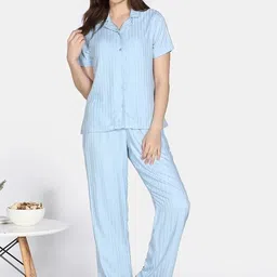 Zivame Women Striped Lapel Collar Shirt & Pyjamas Night suit-image-51