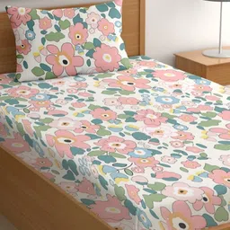 CG HOMES Pink & Green Floral 180 TC Single Bedsheet with 1 Pillow Covers-image-39