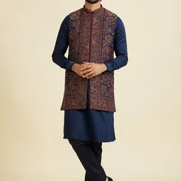 Manyavar Men Mandarin Collar Straight Kurta With Trousers & Nehru Jacket-picture-13