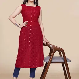 PARROT CREATION Paisley Chikankari Sequinned Embroidered Square Neck Straight Kurta-image-36