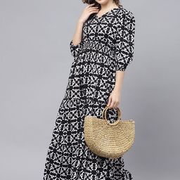 Raiyani Enterprise Women Abstract Printed Smocked Tiered Fit and Flare Maxi Dress-picture-15
