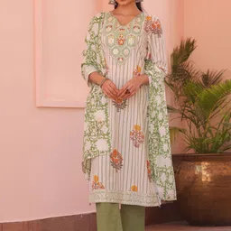 SCAKHI Floral Block Printed Thread Work Straight Kurta with Trousers & Dupatta-55
