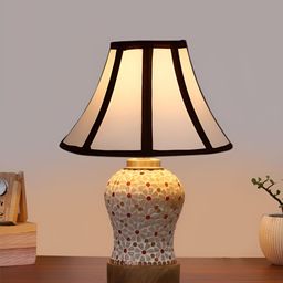 Devansh White Printed Frustum Shaped Wooden Table Lamp image 5