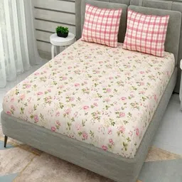SHIRIN CREATION Cream-Coloured Floral 350 TC King Bedsheet with 2 Pillow Covers-image-32