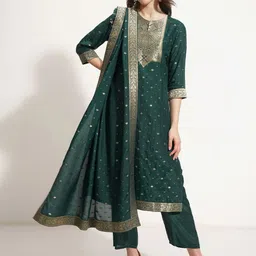 Vishudh Floral Printed Notch Neck Zari Pure Silk Straight Kurta With Trousers & Dupatta-image-1