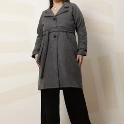 Athena Ample Plus Size Solid Notched Lapel Longline Overcoat With Tie Up Waist-picture-23