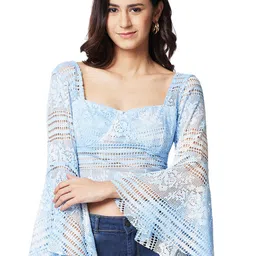 IZEL Women Tie and Dye Sweetheart Neck Bell Sleeve Crochet Crop Top-image-86