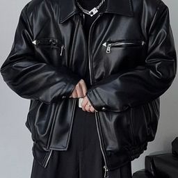 HERE&NOW Men Spread Collar Solid Leather Casual Leather Jacket-picture-8