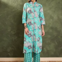 Shae by SASSAFRAS Women Floral Printed Regular Pure Cotton Kurta With Trousers-picture-47