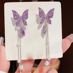 kazare Rhodium-Plated Artificial Stones Studded & Beaded Tasselled Butterfly Drop Earrings-picture-0