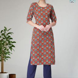 HERE&NOW Selection Of 2 Geometric Printed Round Neck Straight Kurtas With Trousers-11