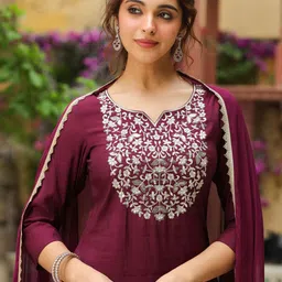 Janasya Women Ethnic Motifs Embroidered Regular Sequinned Kurta with Trousers & With Dupatta-1