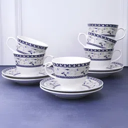 UPC Set of 6 White & Blue Floral Printed Glossy Ceramic Cups & Saucer Set 180ml image 2