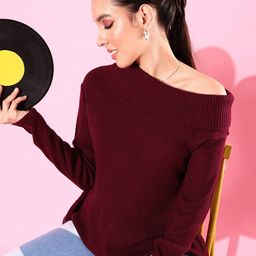 roadster Women Self Design One Shoulder Neck Maroon Sweater-picture-25