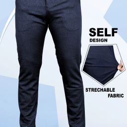 Men Slim Fit Dark Blue Linen Blend Trousers-image-2