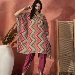 Sangria Chevron Printed Mirror Work V-Neck Kaftan Kurta Set-picture-5
