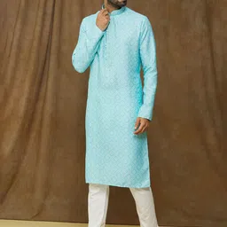 Samyukta Singhania Men Ethnic Motifs Printed Regular Thread Work Kurta with Churidar image 3
