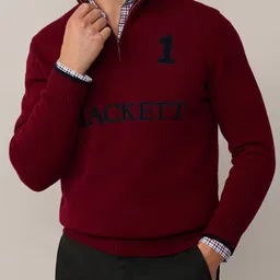 HACKETT LONDON Men Typography Woollen Pullover with Zip Detail Detail-image-80