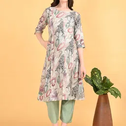 GOLDSTROMS Floral Printed Round Neck A-Line Maternity Kurta With Trousers-30